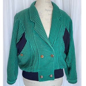 🌹SOLD🌹Vintage 80s Green/Black Striped Bomber Style Jacket w/Black Accents M